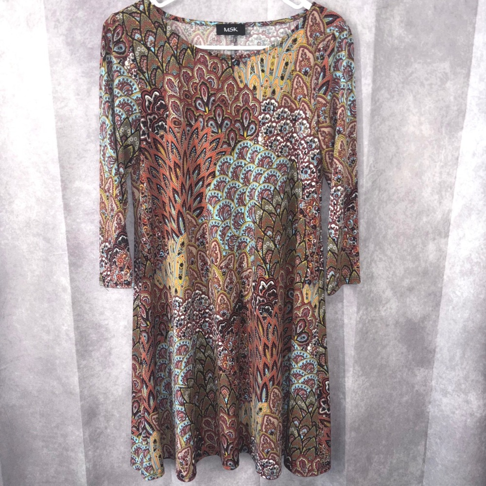 MSK Paisley Tunic Dress Women Small Teal Brown Boho Fall Fashion Casual
